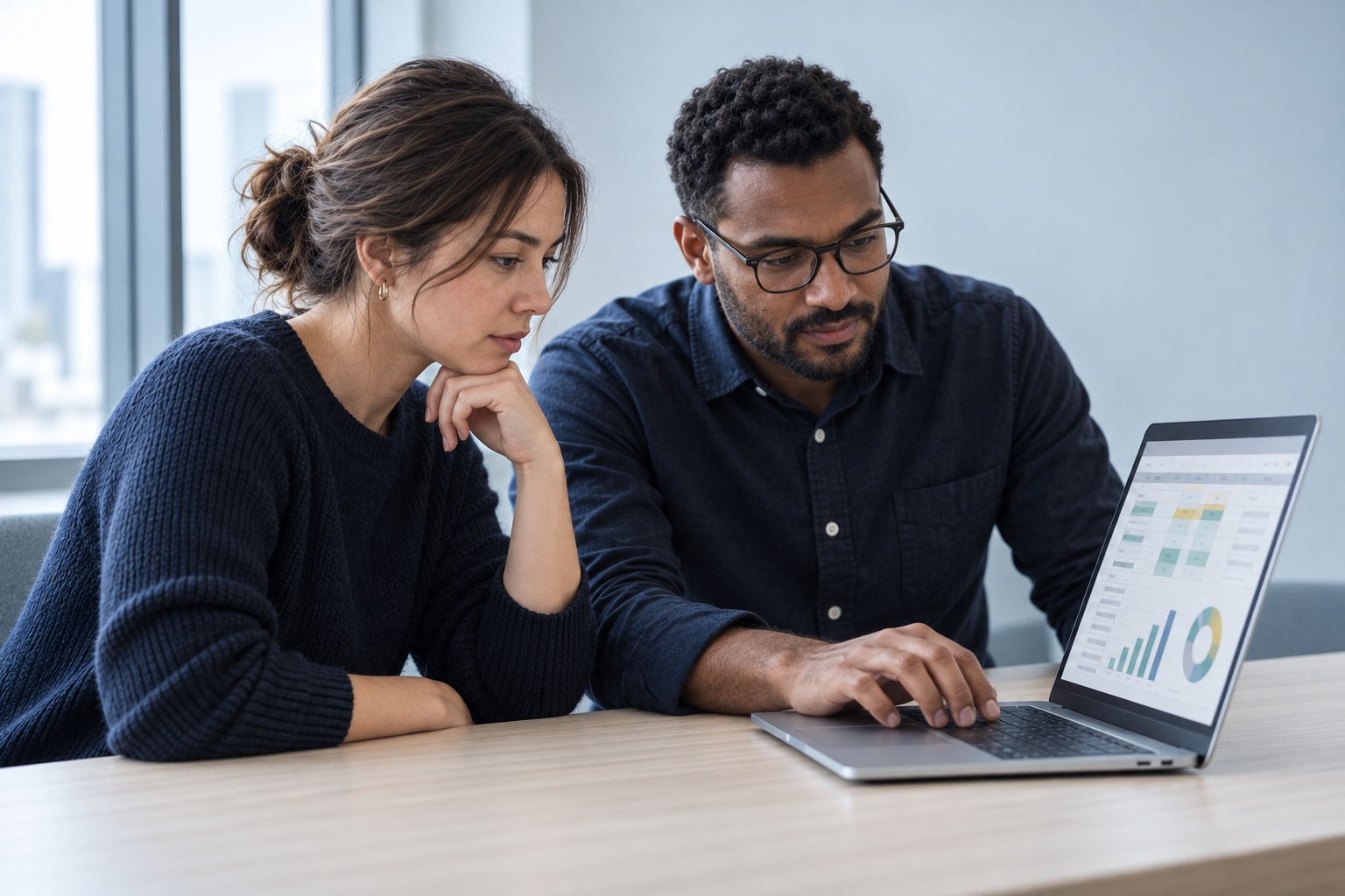 Finance colleagues reviewing a workflow together