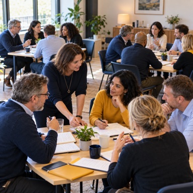 Middle managers working together in an AI practice workshop
