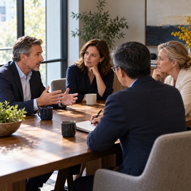 Small leadership group reviewing a management workflow